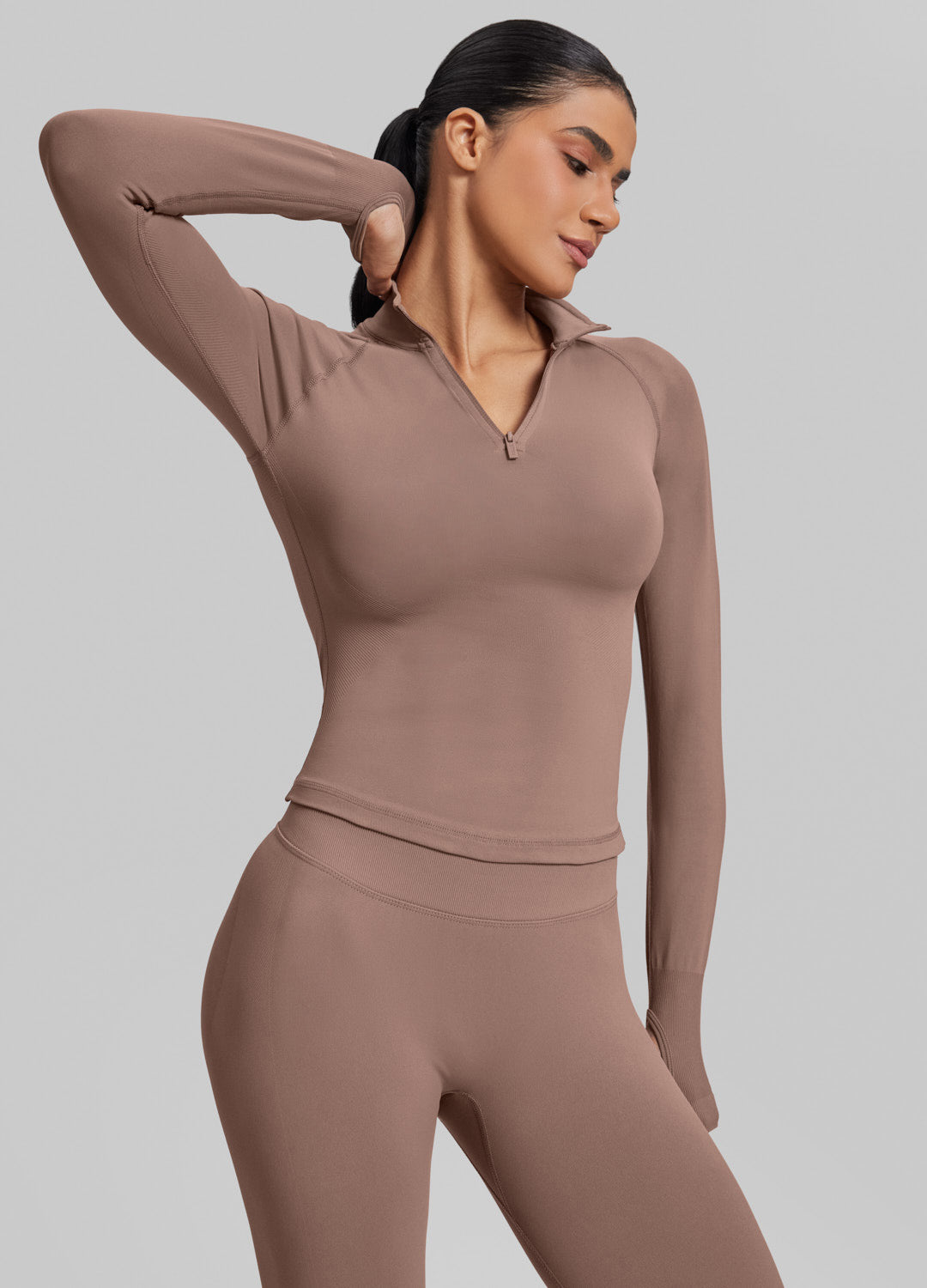 Ultrasculpt Longline Form-Fitting Seamless Thumb Hole Twill Knit Half-Zip Top - Image 6