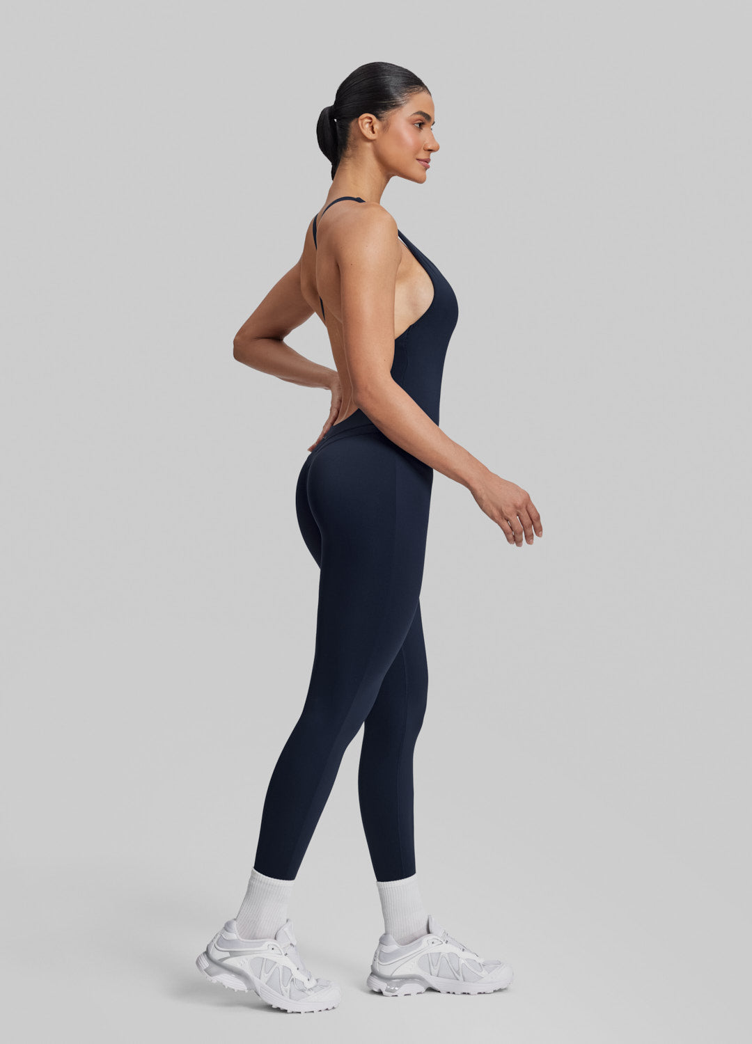 Form-Fitting Full Length Crossback Built-in Bra Sweat-Wicking Bodysuit - Image 3