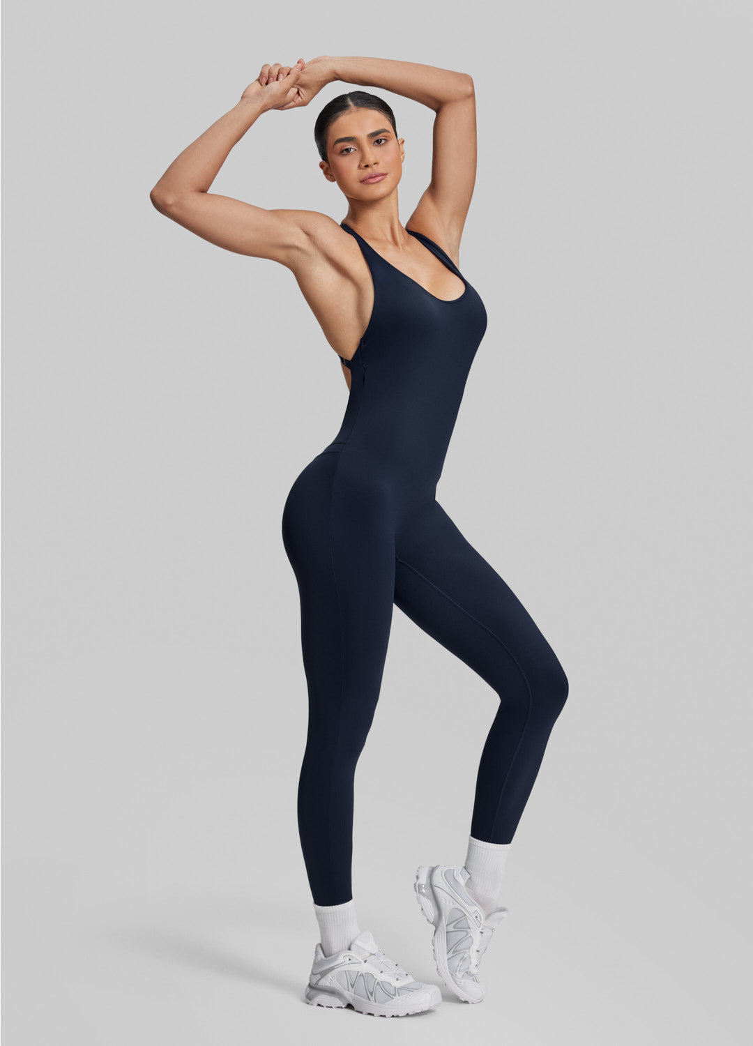 Form-Fitting Full Length Crossback Built-in Bra Sweat-Wicking Bodysuit