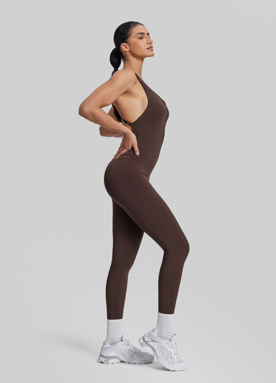 Form-Fitting Full Length Crossback Built-in Bra Sweat-Wicking Bodysuit - Image 3