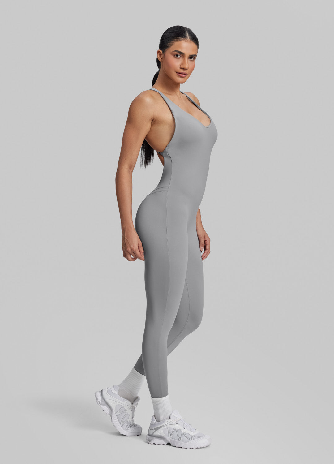Form-Fitting Full Length Crossback Built-in Bra Sweat-Wicking Bodysuit - Image 2