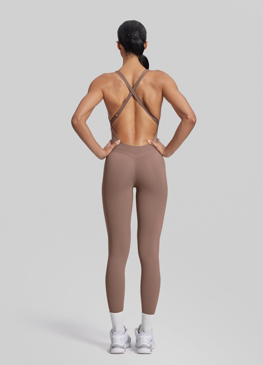 Form-Fitting Full Length Crossback Built-in Bra Sweat-Wicking Bodysuit - Image 3